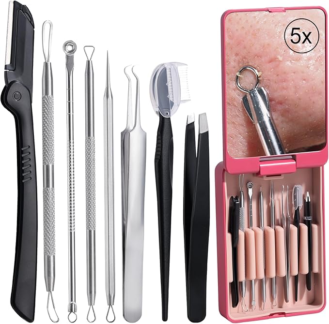 JPNK Blackhead Remover Tool Comedones Extractor Acne Removal kit & Eyebrow Trimmer Kit, 8PCS in One with 5X Magnifying Mirror (Silver)