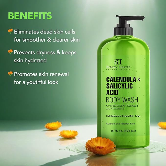 Botanic Hearth Calendula & Salicylic Acid Body Wash – Exfoliating Shower Gel with Neem Leaf Extract & Vitamin E, Clarifying Cleanser, Sulfate & Paraben Free – 16 fl oz
