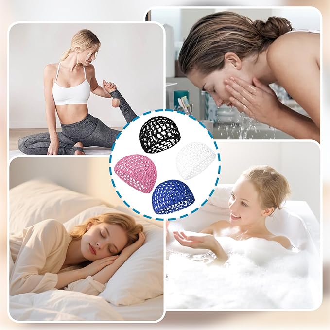 4 PCS Hair Nets for Sleeping, Crochet Hair Wrap Net with Lift Strap, Silk Press Sleep Mesh Cap for Women, Reusable Mesh Bonnet for Curly, Straight Hair & Wig Protection (Black, White, Blue, Pink)