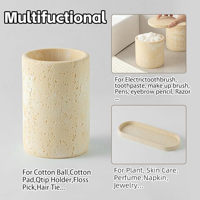 Bathroom Accessories Set, Travertine Stone-Look, 6 PCS Bathroom Accessory Set with Soap Dispenser, Toothbrush Holder, Tumbler, Vanity Tray, Cotton Swab Jars for Countertop (Yellow)