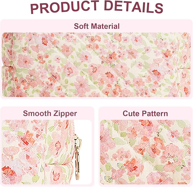 Quilted Makeup Bag Floral Cotton Make up Bag Puffy Coquette Makeup pouch Aesthetic Cute Travel Toiletry Bag for Women Girls