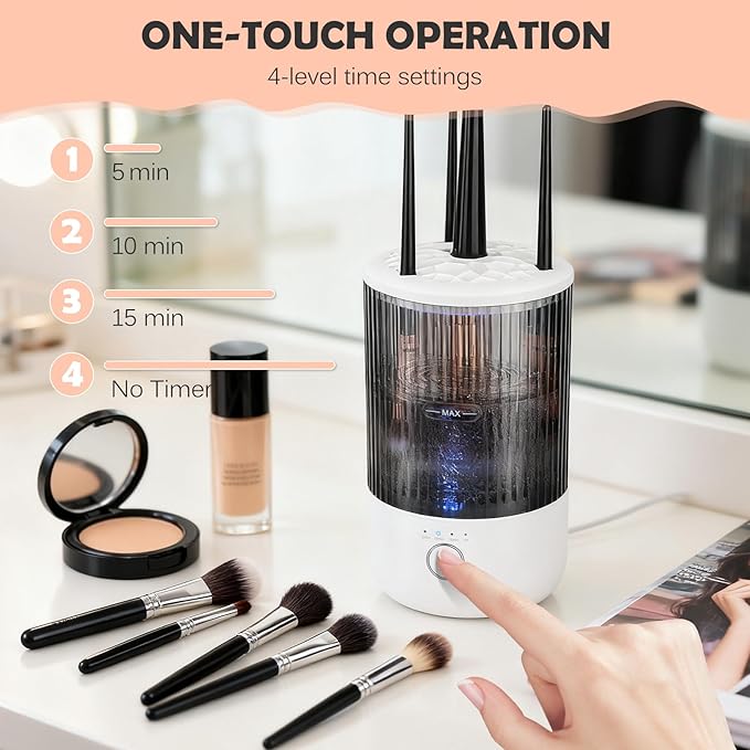 Electric Makeup Brush Cleaner Machine, 4 Timer Settings Cosmetic Brush Cleaner, Make Up Brush Cleaner Cleanser for All Size Brushes, Automatic Beauty Tool – Great Gift for Women