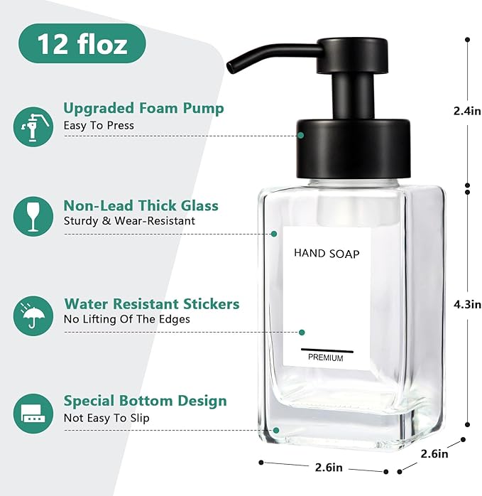 Foaming Soap Dispenser 2 Pack, 12oz/350ml Glass Foaming Hand Soap Dispenser Set with Stainless Steel Pump, Square Refillable Foam Pump Bottles for Bathroom&Kitchen,Includes 6 Labels