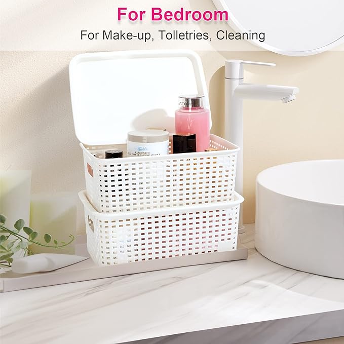 AREYZIN Plastic Storage Baskets With Lid Organizing Container Lidded Knit Storage Organizer Bins for Shelves Drawers Desktop Closet Playroom Classroom Office, White, 6 Pack