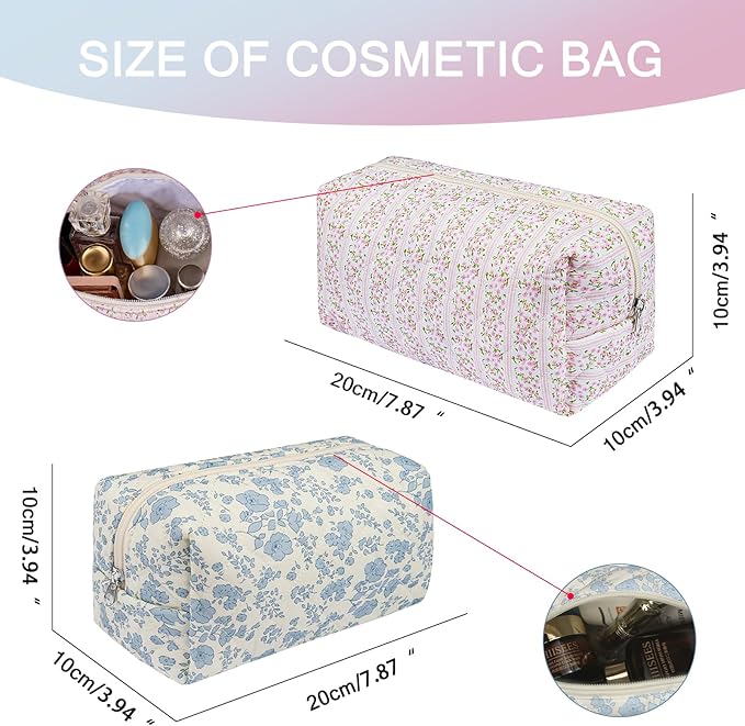 2 Pack Floral Makeup Bag, Cute Cosmetic Bag for Women Girls, Quilted Cotton Make up Pouch, Travel Makeup Bags, Portable Storage Toiletry Organizer Bag(Pink+Navy Blue)