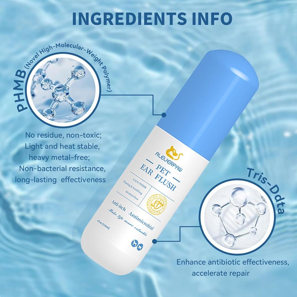 Tris Flush Cat & Dog Ear Cleaner - Dog Ear Infection Treatment with PHMB, Removes Wax, Odo, Gentle & Hypoallergenic, with 20 Cotton Qtips, 4 Fl oz