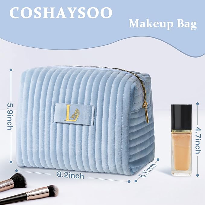 COSHAYSOO Custom Employee Appreciation Thank You Gifts for Women Female Social Worker Travel Makeup Bag Quilted Make Up Cosmetic Pouch Coworker Boss Leaving Going Away Farewell Gift Blue Initial L