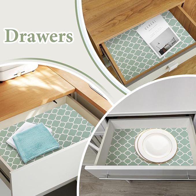 Shelf Liners for Kitchen Cabinets Non Adhesive Drawer Liner 23.6in x 20FT Light Green Quatrefoil Thickened Shelf Liner Strong Non-Slip Easy to Clean Tool Box Refrigerator with Knife and Tape Measure