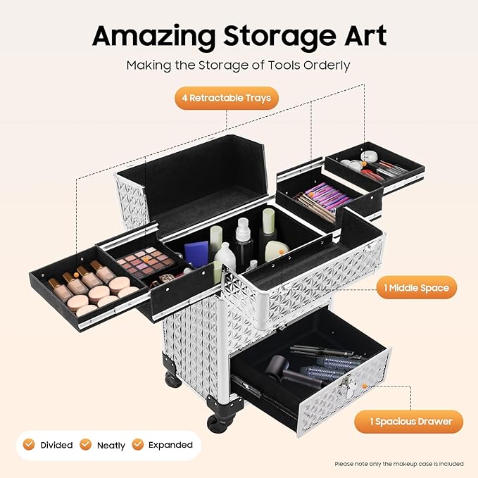 Rolling Makeup Manicure Storage Case, Makeup Trolley Rolling w/4 Universal Wheels Professional Aluminum Cosmetic Trolley Cases w/lock for Studio or Travelling (Silver)