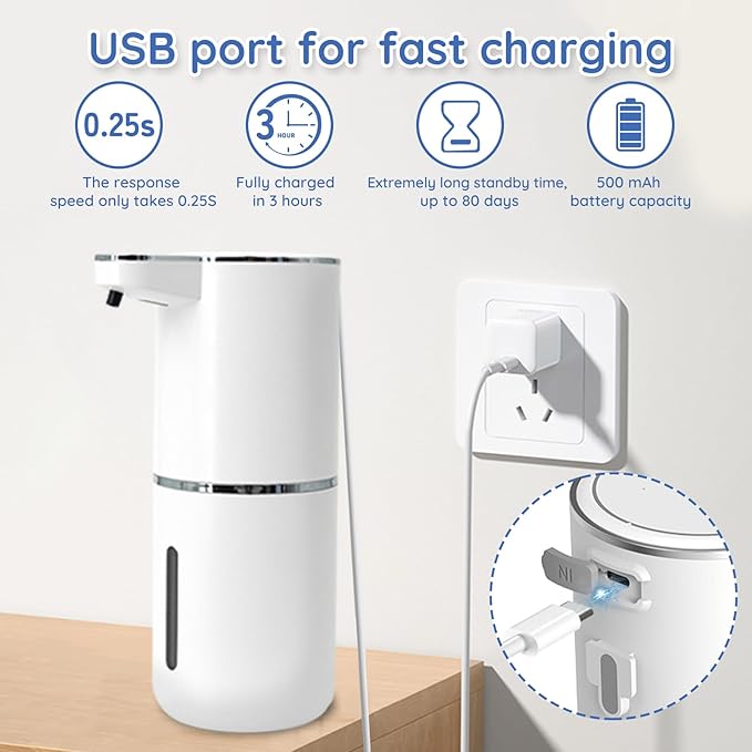 Foaming Soap Dispenser, Automatic Soap Dispenser, 13.5oz/400ml Automatic Soap Dispenser Touchless, USB Rechargeable 4 Level Adjustable Electric, for Bathroom, Kitchen,Hotel