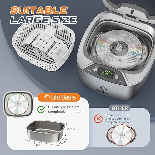 Life Basis Ultrasonic Cleaner Household Ultrasonic Jewelry Cleaner 850ml (28 Ounces) LCD Screen with 5 Digital Timer Watch Stand CD Holder for Ring Jewelry CD DVD Watches Glasses Makeup Brush - Silver