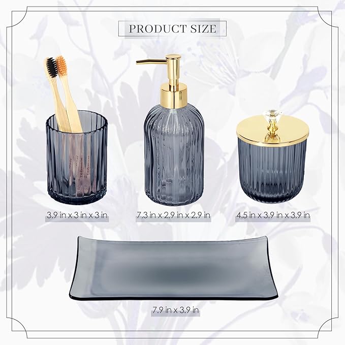 Designer Blue Glass Bathroom Accessories Sets - 4 Pcs with Lotion Soap Dispenser, Bathroom Toothbrush Holder, Vanity Tray, and Apothecary Jar, Vintage Bathroom Decor, Gift Countertop Organizer