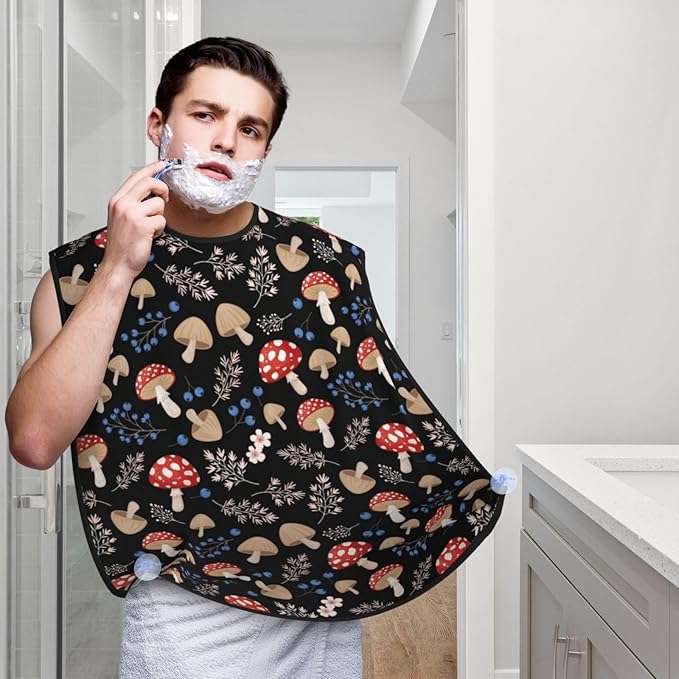 No-Slip Shaving Bib, Beard Grooming Apron with Strong Suction Cups, Autumn Fall Leaves Cool Mushrooms