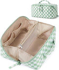 BAGSMART Travel Makeup Bag for Women, Portable Water-resistant Cosmetic Case, Puffy Padded Make Up Organizer Pouch, Open Flat Toiletry Bag for Toiletries, Brushes, Checkred Green