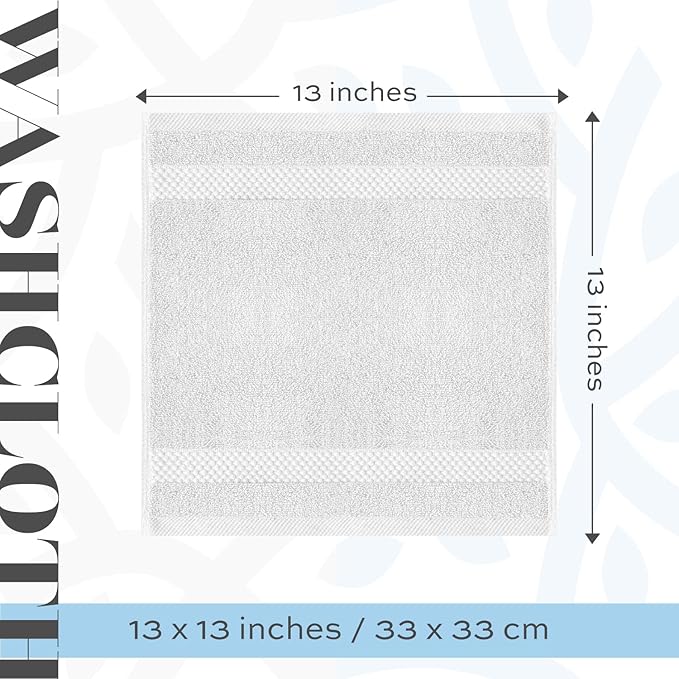 White Classic Luxury Cotton Washcloths 13x13 Inch - 650 GSM Turkish Cotton | Hotel, Spa, Bathroom Face Towel | 12 Pack, Silver