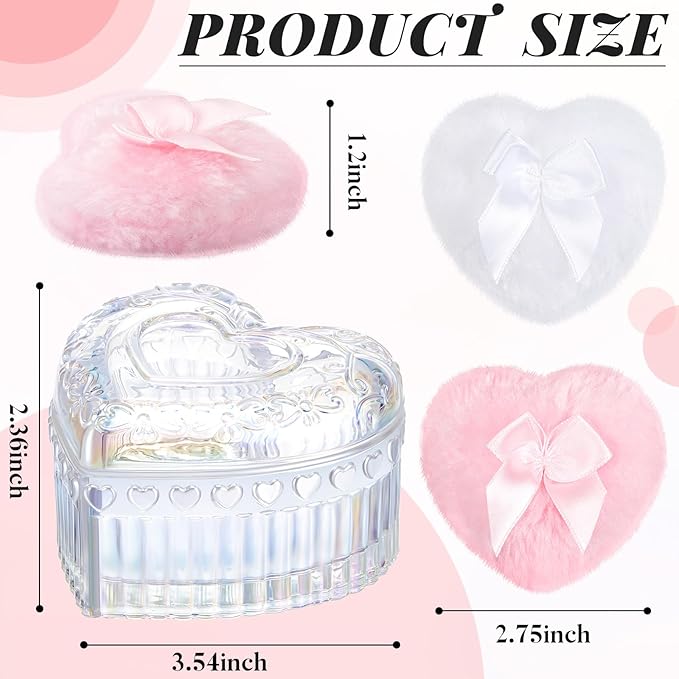Tioncy 3 Pcs Large Body Powder Puff and Container Valentine's Day gift Powder Container with Puff Crystal Case Soft Washable Reusable Velour Face Body Glitter Wet Dry Makeup(Heart,Glitter)
