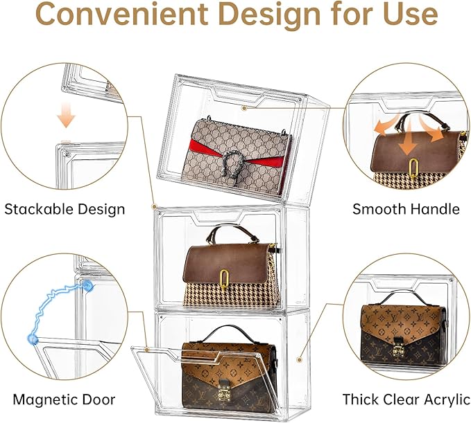Purse Organizer for Closet,Clear Acrylic Display Case for Handbag Organizer, Purse Storage Box with Magnetic Door, Plastic Storage Bins for Book, Collectibles, Cosmetic (9 Pack)