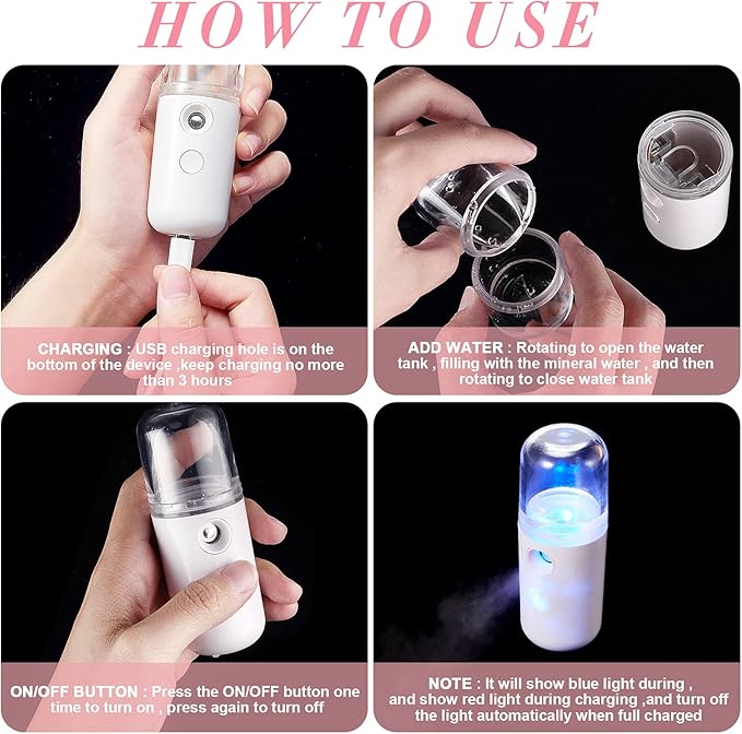 Honoson 2 Pack Nano Facial Mister Spray Bottle Handheld Humidifier Portable Face Mister for Eyelash Extensions USB Rechargeable 1 oz Mini Skin Care Machine for Daily Makeup(Black and White)