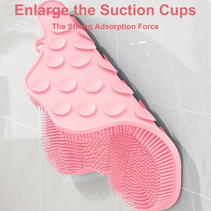 Shower Foot Scrubber, Shower Foot and Back Scrubber with Suction Cups, Shower Silicone Foot Washer for Exfoliating Massage（Pink）