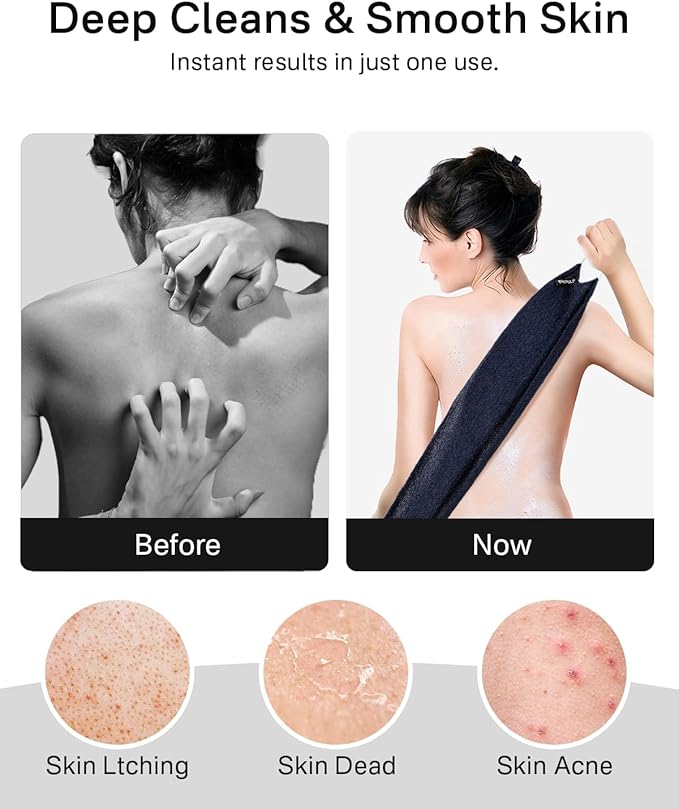 Yiclick Exfoliating Washcloth Towel with Handle, Back Scrubber for Shower, Exfoliating Body Scrubber Exfoliator, Japanese Wash Cloth for Body Scrub, Bath Sponge Loofah Luffa Washer Exfoliator