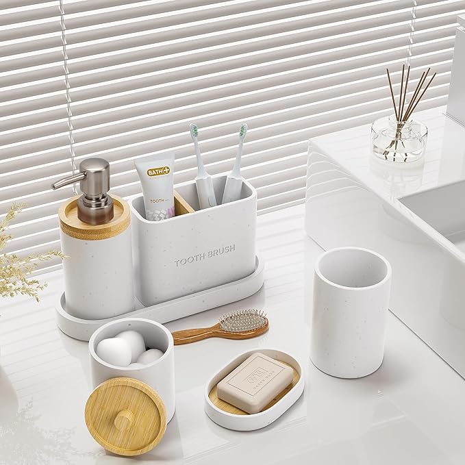 Bathroom Accessories Set, 6Pcs Bathroom Accessory Set, Large-Sized Toothbrush Holders Set, Soap Dispenser, Vanity Tray, Bathroom Tumbler, Apothecary Jars and a soap Dish (Marble White)