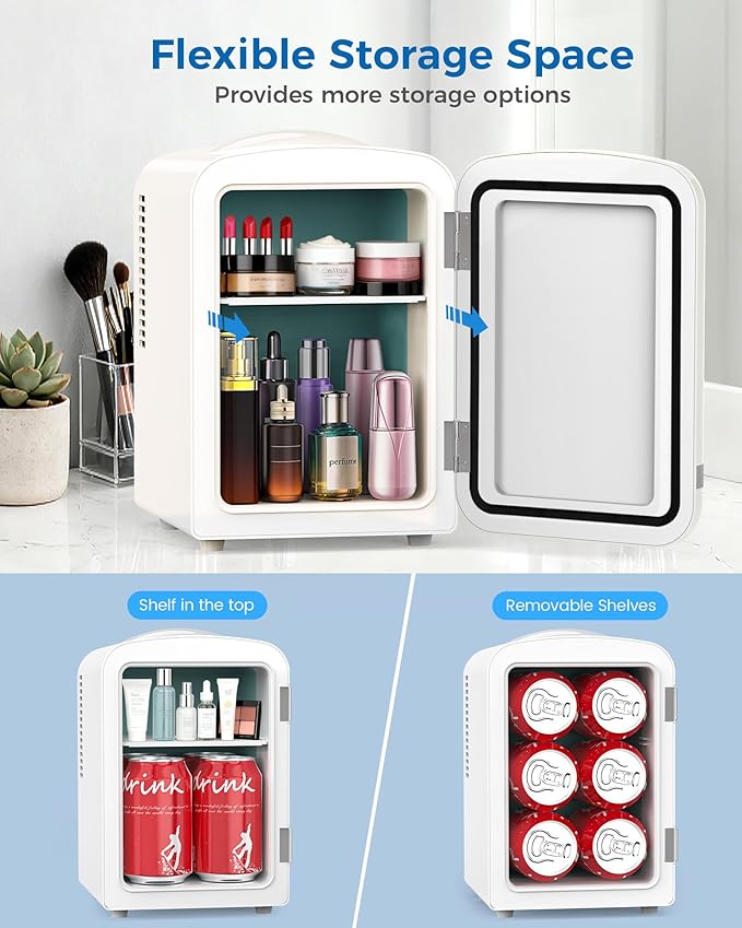 Mini Fridge for Bedroom, 4L/6 Cans Small Cosmetic Fridge for Skincare, Makeup, Medicine & Beverage, Portable Desk Fridge Cooler and Warmer for Kids, Car, Office, Dorm, White