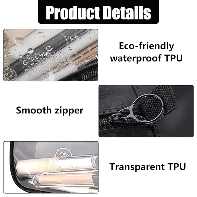 Clear TSA Approved Toiletry Bag Set - 3 Pack (Large, Small and Mini) Clear Cosmetic Bag with Zipper, Quart Size Travel Essentials Organizer Perfect for Carry-On Luggage (TPU-3LSM-Black)