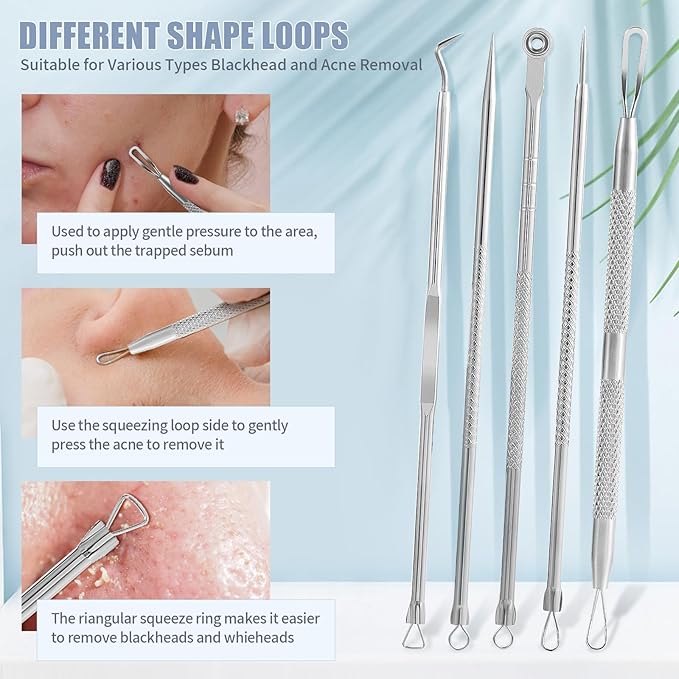 FEITA Blackhead Remover Comedone Extractor Tool, Face Black Head Needle & Curved Tip Acne Tweezers Kit with Metal Box, Facial Stainless Pimple Removal Tools Kit for Nose, Silver 8Pcs