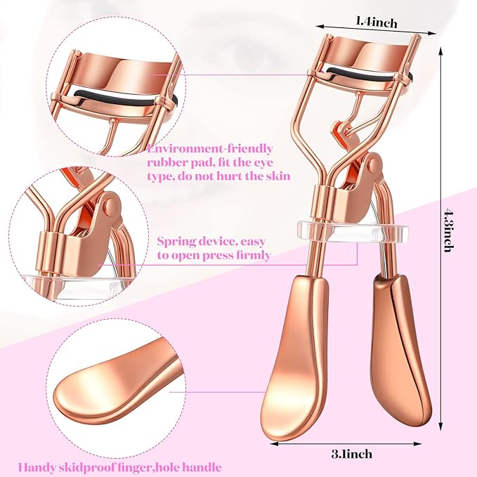 5 Pieces Eyelash Curler Set Include Eyelash Curlers with 10 Pieces Eyelash Curler Refill Pads Eyelash Comb Eyebrow Brush Eyelash Tweezers False Eyelashes Applicator Tool for Women (Rose Gold, Black)