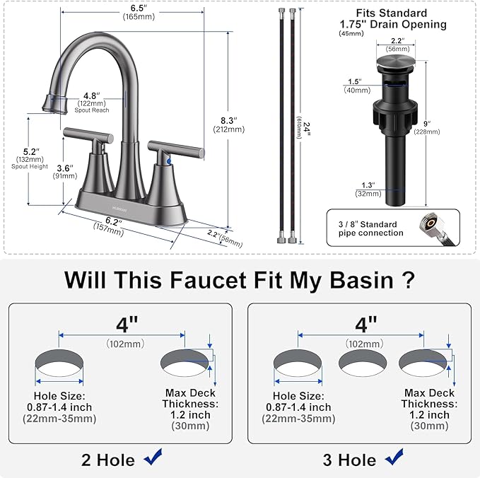 Bathroom Faucets for Sink 3 Hole, Hurran 4 inch Brushed Grey Bathroom Sink Faucet with Pop-up Drain and Supply Hoses, Stainless Steel Lead-Free Centerset Touch On Faucets for Vanity RV