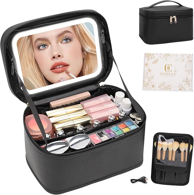 OCHEAL Makeup Bag With LED Mirror, Travel Makeup Bag With 3 Color Setting Light Up Mirror Cosmetic Organizer Vanity Case for Women Beauty Tools Accessories Rechargeable Makeup Travel Bag-Black
