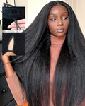 V Part Wigs Human Hair with Drawstring 200% Density Kinky Straight Pull and Go Glueless Wigs Human Hair Flexible Fit Magic Leave out 300g 26inch #1B Natural Black