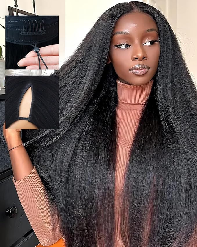 V Part Wigs Human Hair with Drawstring 200% Density Kinky Straight Pull and Go Glueless Wigs Human Hair Flexible Fit Magic Leave out 300g 26inch #1B Natural Black