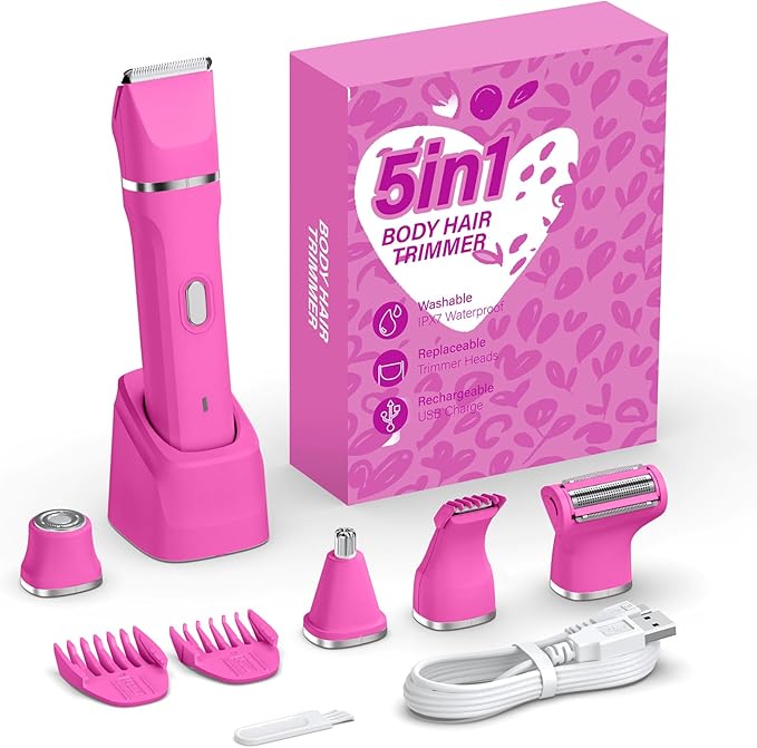 5-in-1 Bikini Trimmer for Women, IPX7 Waterproof Electric Razors Shaver, Cordless Body Hair Trimmer, Facial & Pubic Hair Removal, Ceramic Blade (Magenta)