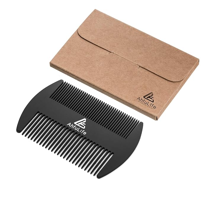 AhfuLife Stainless Steel Metal Hair&Beard Comb - Anti-Static Dual Action Beard Comb - Credit Card Size Combs Perfect for Wallet and Pocket - Presented in Gift Box (Black)