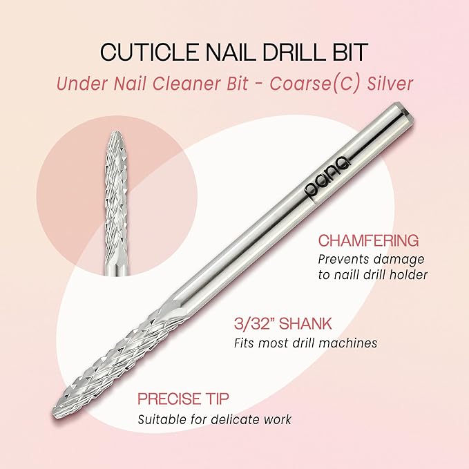 PANA 3/32" Cuticle Clean Nail Carbide Bit for Professional, Nail Salon, Nail Trimmer, Under Nail Cleaner, Electric Drill Machine, Manicure Tools (Silver-UNC, Coarse)