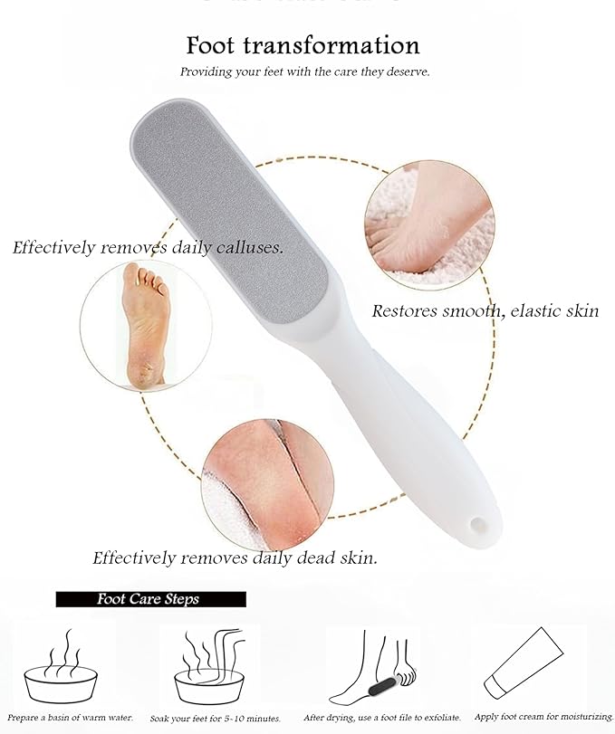 Dual-Sided Professional Pedicure Foot File - Stainless Steel Callus Remover for Hard Skin, Dry and Wet Use, Home or Salon Care, 2 Pack (White & Black)