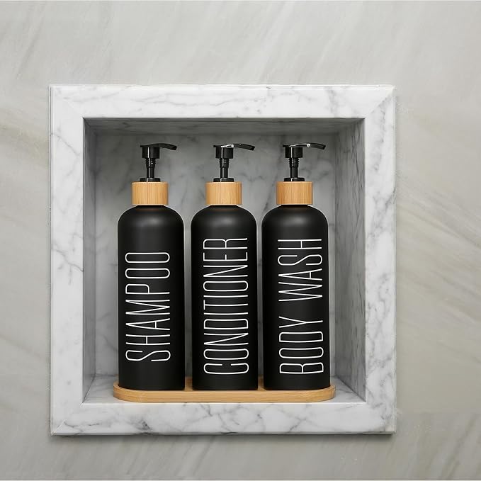 Shampoo and Conditioner Dispenser with Bamboo Pumps & Tray, Perfect for Bathroom Essentials for New Home (Black)
