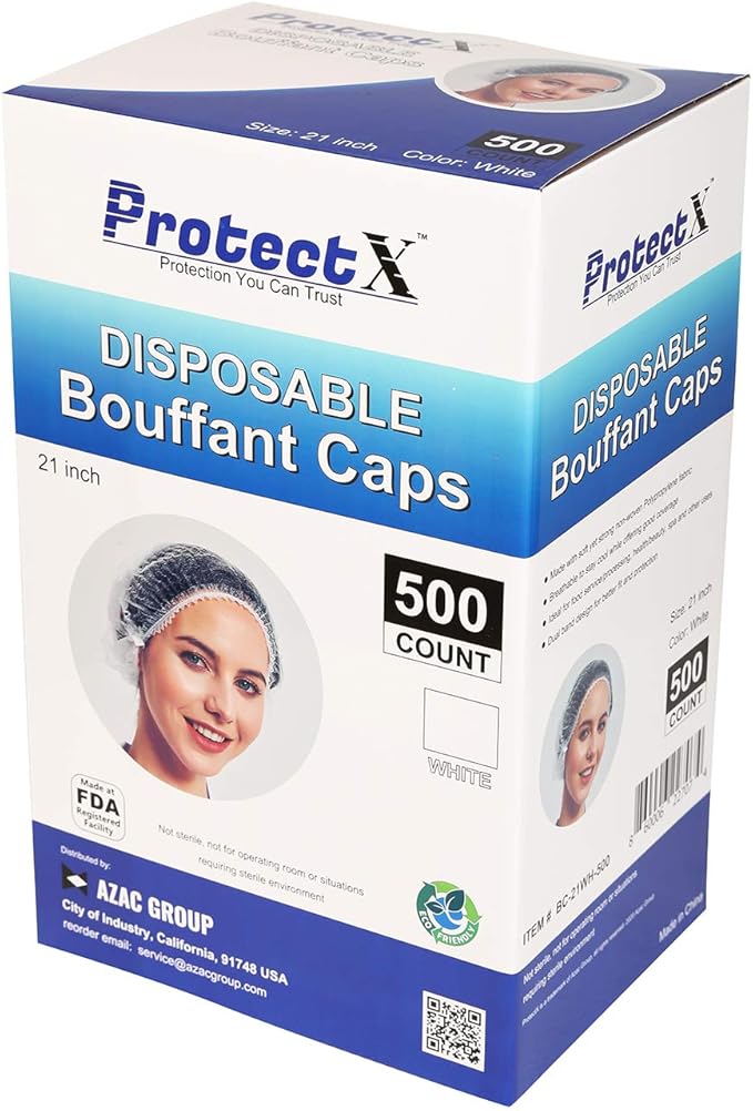 ProtectX 500-Pack White Disposable Hair Nets, Elastic Head Cover, Bouffant Caps, Sanitation Head Cover for Food Service, Spa Men & Women - 21 inch