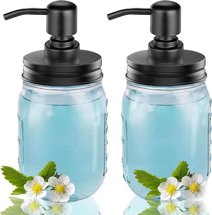 2-Pack Mason Jar Soap Dispenser - 16 oz Thick Clear Glass Soap Dispenser with Rust Proof Stainless Steel Pump and Lid for Liquid/Dish Soap/Lotion, Refillable Dispensers for Kitchen Bathroom Countertop