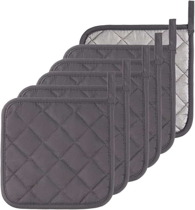 Kitchen Pot Holders Set Heat Resistant Pure Cotton Potholders Kit Trivets Large Coasters Hot Pads Terry Pot Holders for Everyday Cooking and Baking by 7 x 7 Inch Set of 6 Grey