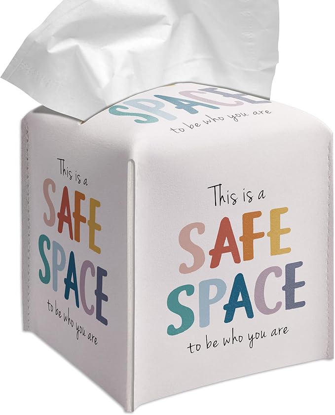 Grace Yonks Cute Tissue Box Cover Square - “This is a Safe Space” Affirmation Design 5.2" PU Leather Holder for Vanity, Desk, or Bathroom Counter - Cube Case for Facial Tissues(019)