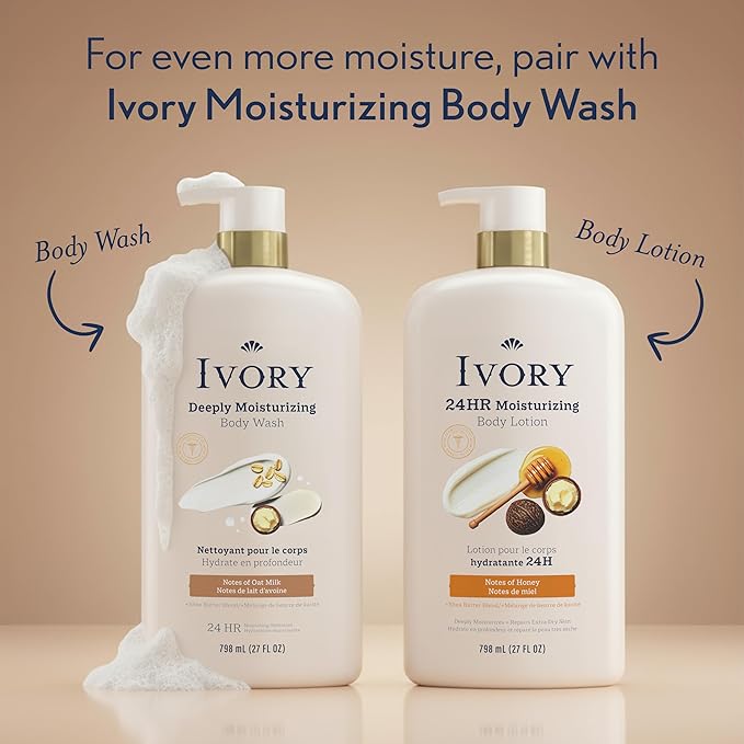 Ivory Hand & Body Lotion, 24hr Moisturizing, Repairs Extra Dry Skin, All Day Hydration, Lightweight Formula, Absorbs Instantly, Perfect for Daily Use, Shea Butter Blend, Honey Scent, 27 fl oz
