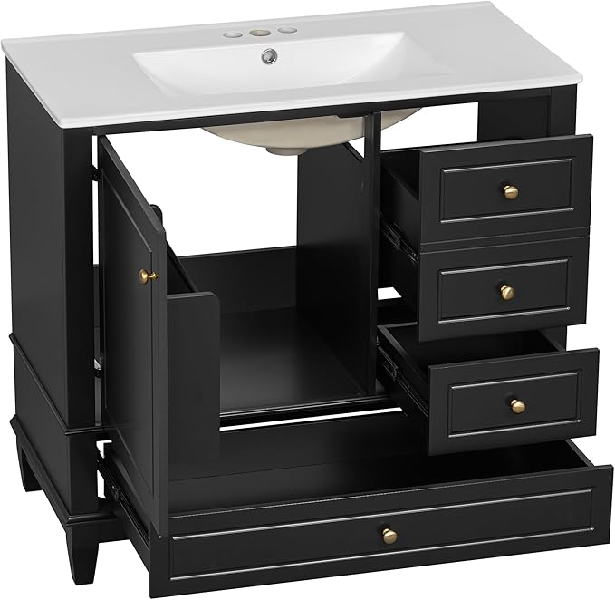 36" Bathroom Vanity with Sink, Harper & Bright Designs Free Standing Single Vanity Set with 3 Drawers and One Door with Storage Racks, Solid Wood Storage Cabinet with Ceramic Basin for Bathroom, Black
