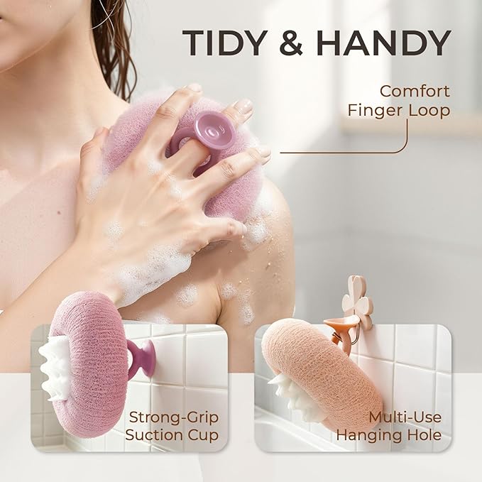 5 Packs Bath Sponge Shower Loofah, 2 in 1 Exfoliating Body Scrubber Exfoliator Net Sponges with Finger Rings, Super Soft Sunflower Suction Cup Bath Ball for Women Men (Pink+Yellow+Green+Purple+Gray)