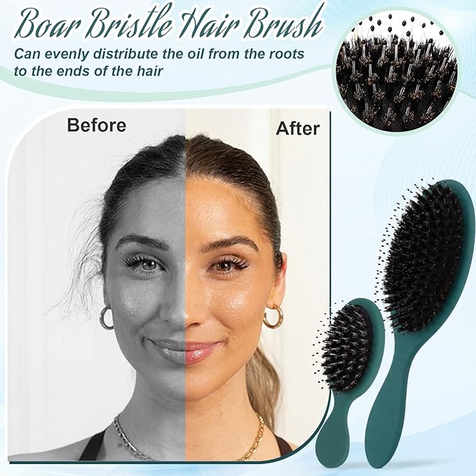 2 Pcs Green Boar Bristle Hair Brush Set Full-size and Travel Size Soft Boars Hairbrushes Natural Bristle Detangling Brush for Women Men Thick Curly Hair Detangling Soften Silky Shine