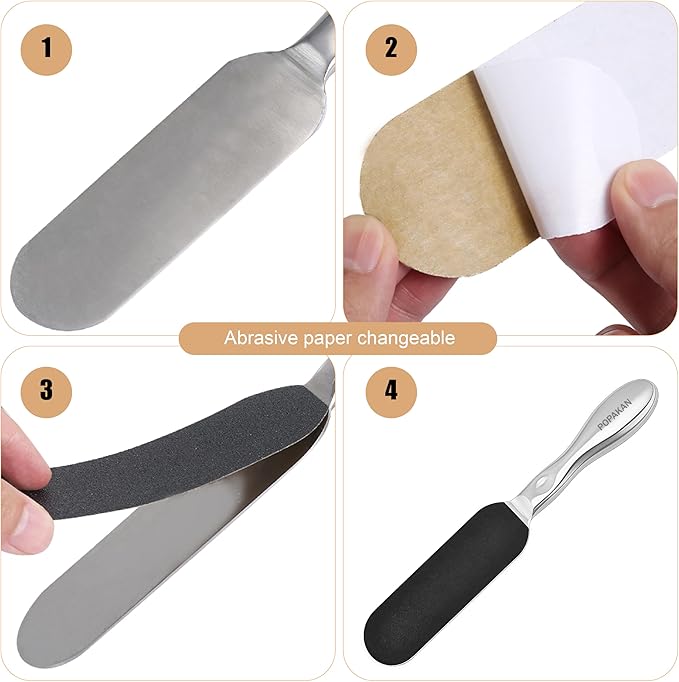 Professional Pedicure Foot File, Coarse/Fine Dual Sided and Reusable Stainless Steel Cracked Skin Corns Callus Remover Feet File with 12 Replaceable Coarse-Fine Foot Pads