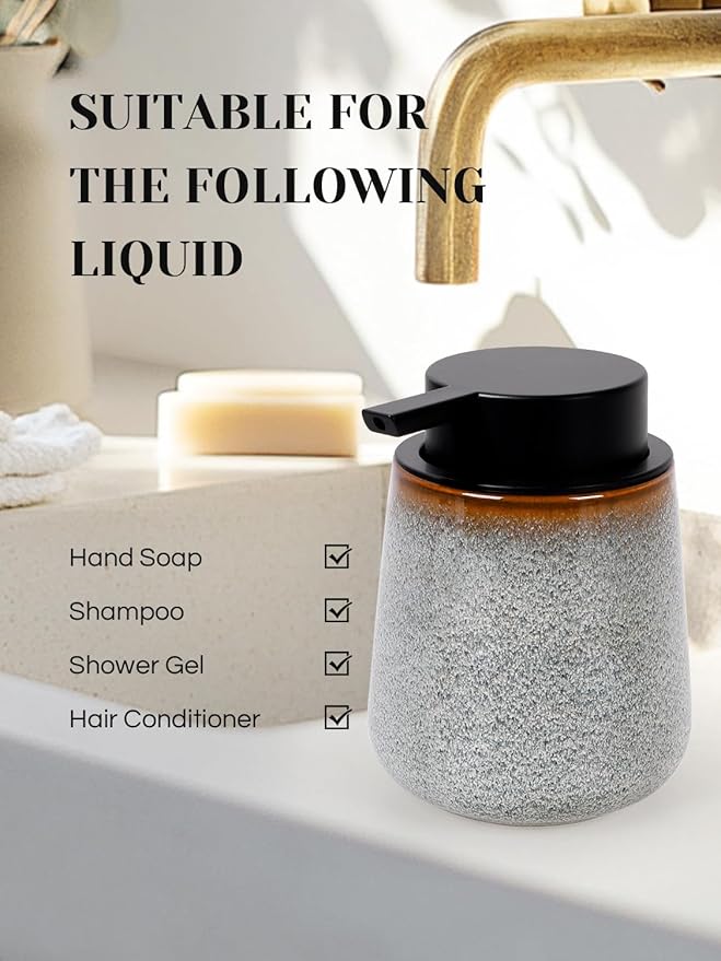 INGOFIN Ceramic Foaming Soap Dispenser -12oz Foam Hand Soap Dispenser Bathroom, Modern Refillable Dish Wash Soap Bottle for Kitchen with Large Pump,Kiln-Glazed