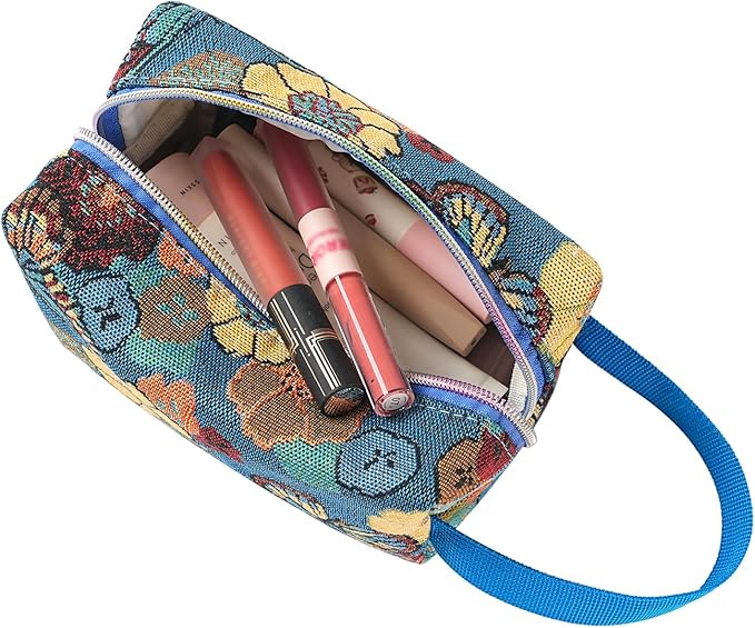 Rectangular Makeup Bag Small Cute Cosmetic Bags for Women，Floral Travel Toiletry Bag for Purse, Canvas Cosmetic Pouch Makeup Organizer Tool Pouch with Zipper（Garden Blue）