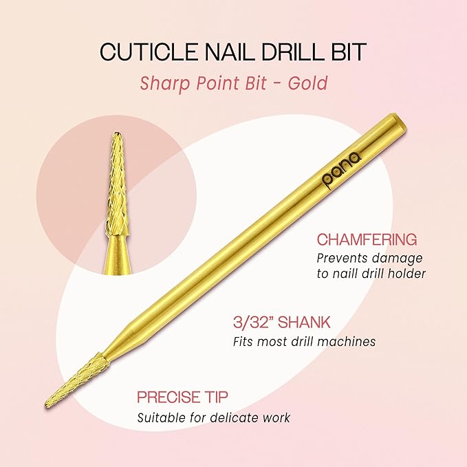 PANA 3/32" Carbide Cuticle Nail Drill Bit for Cuticle Cleaning, Dead Skin Removal, Gel Polish & Acrylic Removal, Under Nail Cleaner, Nail Salon, Manicure Tools (Sharp Point - Gold, Medium)